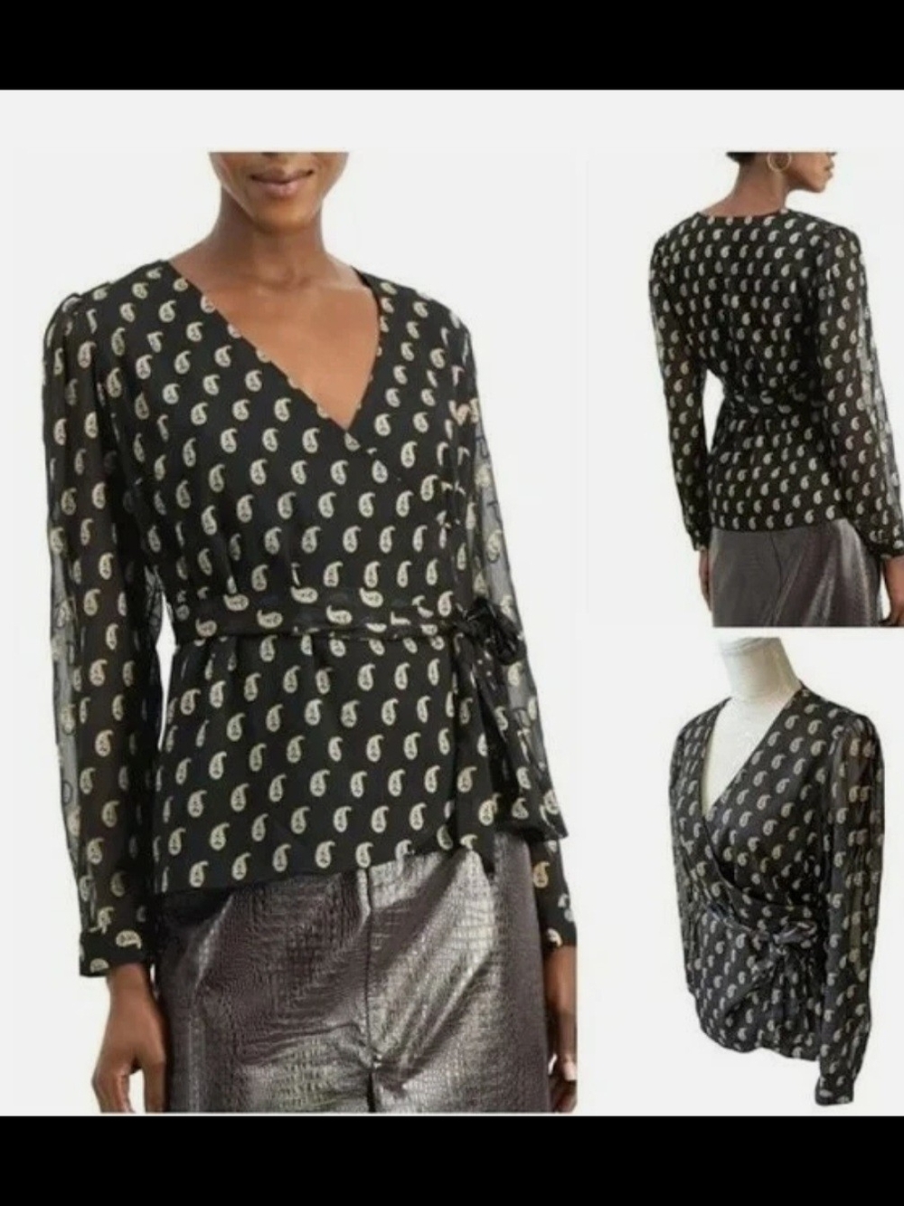 INC International Concepts Black Paisley Wrap Blouse with Cream Motif